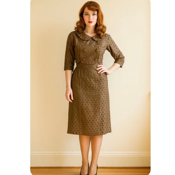 Vintage 50s Two Piece Brown Polka Dot Print Dress And Jacket Peter Pan Collar - Picture 1 of 12